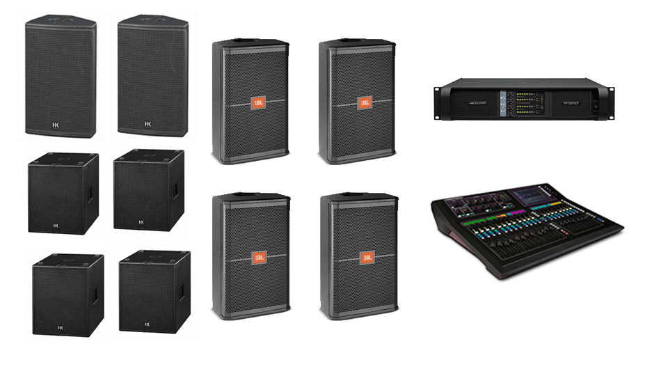 PA Hire Package 4, 2 HK Audio CT115 Speakers, 4 HK Audio CT118 Sub's, 4 HK Audio CT112 monitors, 1 Allen and Heath GLD-80 Mixer, powered by Lab.Gruppen FP Series with microphones, DI Boxes and cabling included.